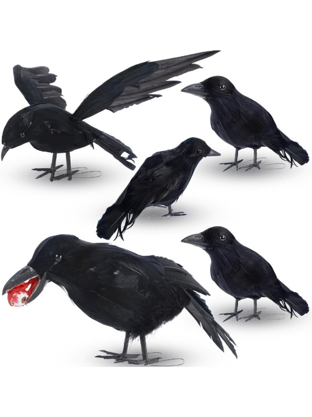 5 Pack Halloween Crows Decor - Spooky Indoor & Outdoor Black Bird Decorations